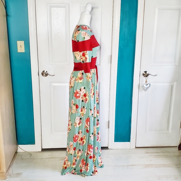 Reb & J Maxi Dress Vintage Floral Aqua  Green Red Elastic Waist NWOT Medium - Picture 4 of 16